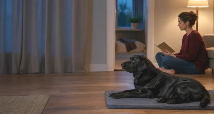Healthy Paws Essentials scene illustrating environmental management strategies to reduce dog anxiety triggers at home
