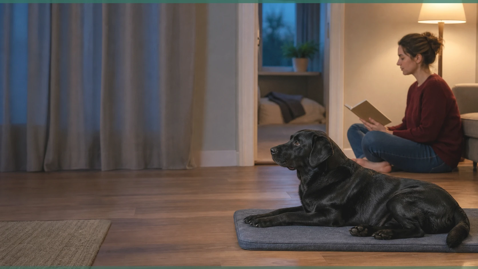 Healthy Paws Essentials scene illustrating environmental management strategies to reduce dog anxiety triggers at home