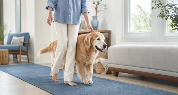 Healthy Paws Essentials scene illustrating weekly life-stage tracking sheet for senior dogs integrating weight, mobility, and stress