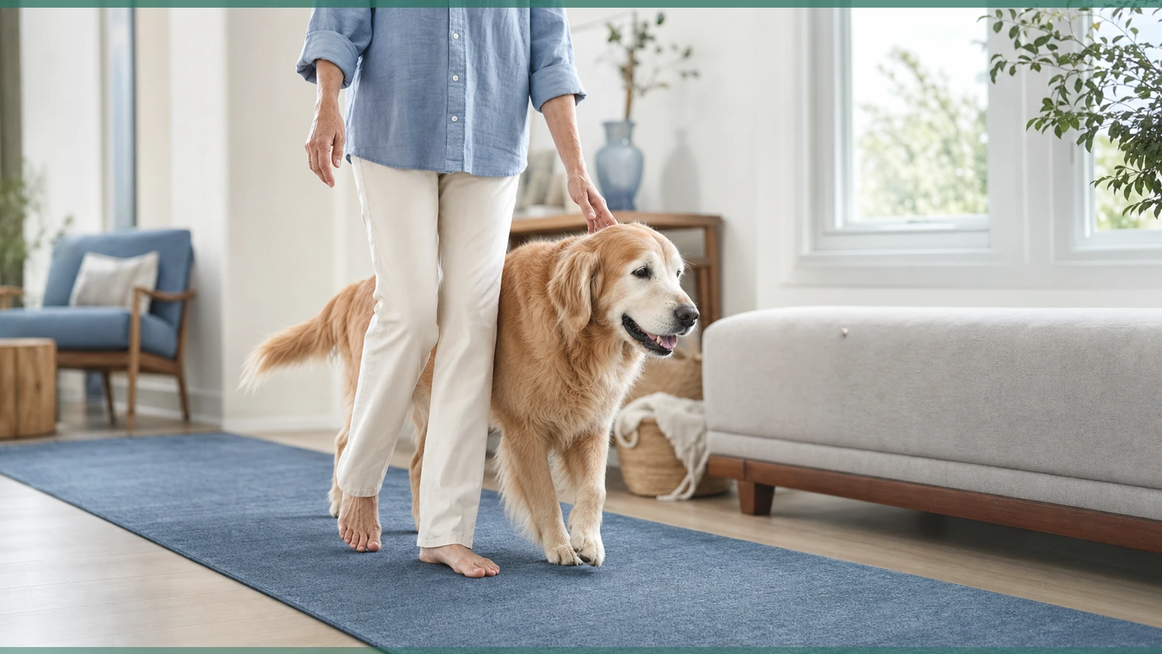Healthy Paws Essentials scene illustrating weekly life-stage tracking sheet for senior dogs integrating weight, mobility, and stress