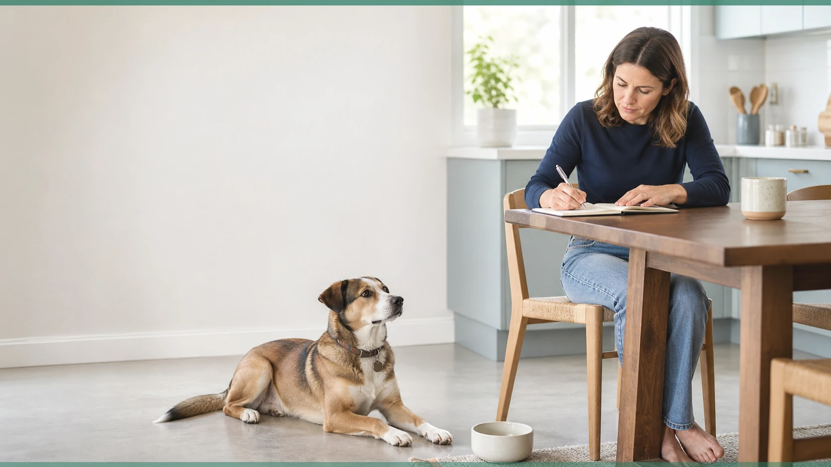 Healthy Paws Essentials scene illustrating structuring meal timing and portions for dogs with mild digestive sensitivity