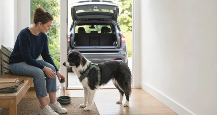 Healthy Paws Essentials scene illustrating tracking joint comfort and mobility changes in adult dogs during irregular activity or travel weeks