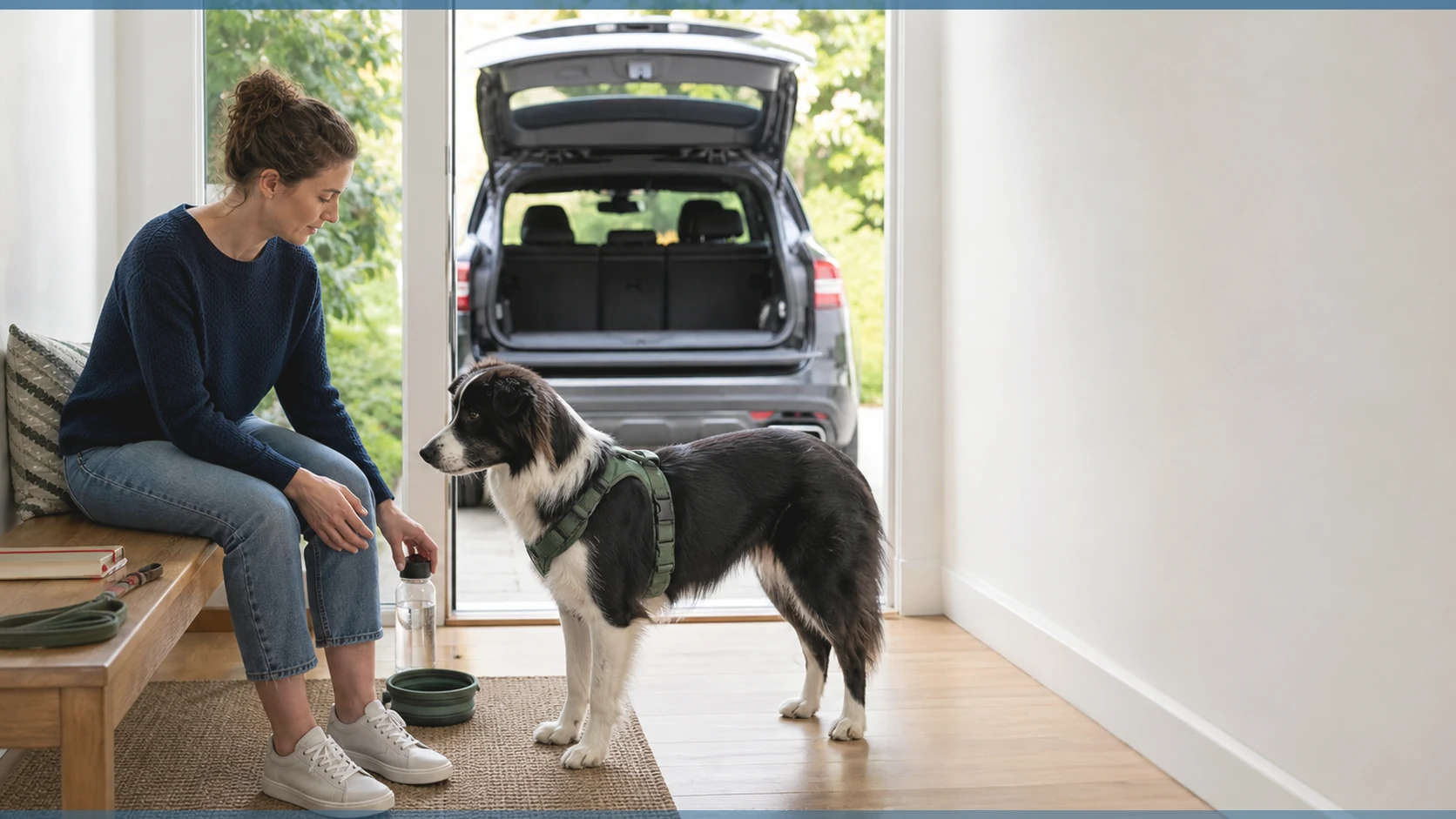 Healthy Paws Essentials scene illustrating tracking joint comfort and mobility changes in adult dogs during irregular activity or travel weeks