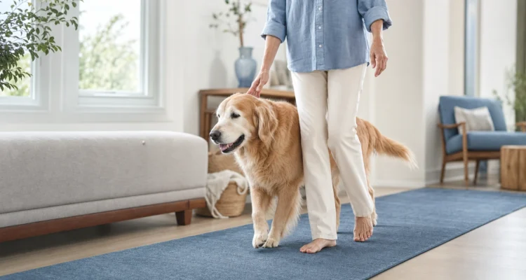 Healthy Paws Essentials scene illustrating monthly seasonal event preventive wellness checklist for adult dogs integrating weight, body condition, and home safety