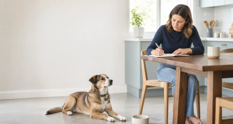 Healthy Paws Essentials scene illustrating how to convert subtle at-home observations into useful vet notes for dogs