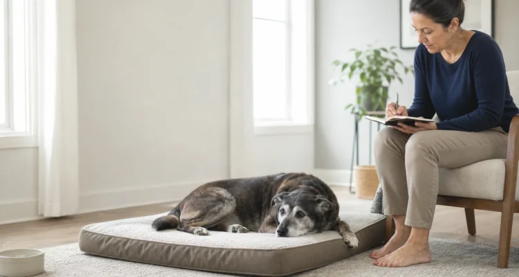 Healthy Paws Essentials scene illustrating how to notice subtle cognitive and interaction changes in senior dogs at home