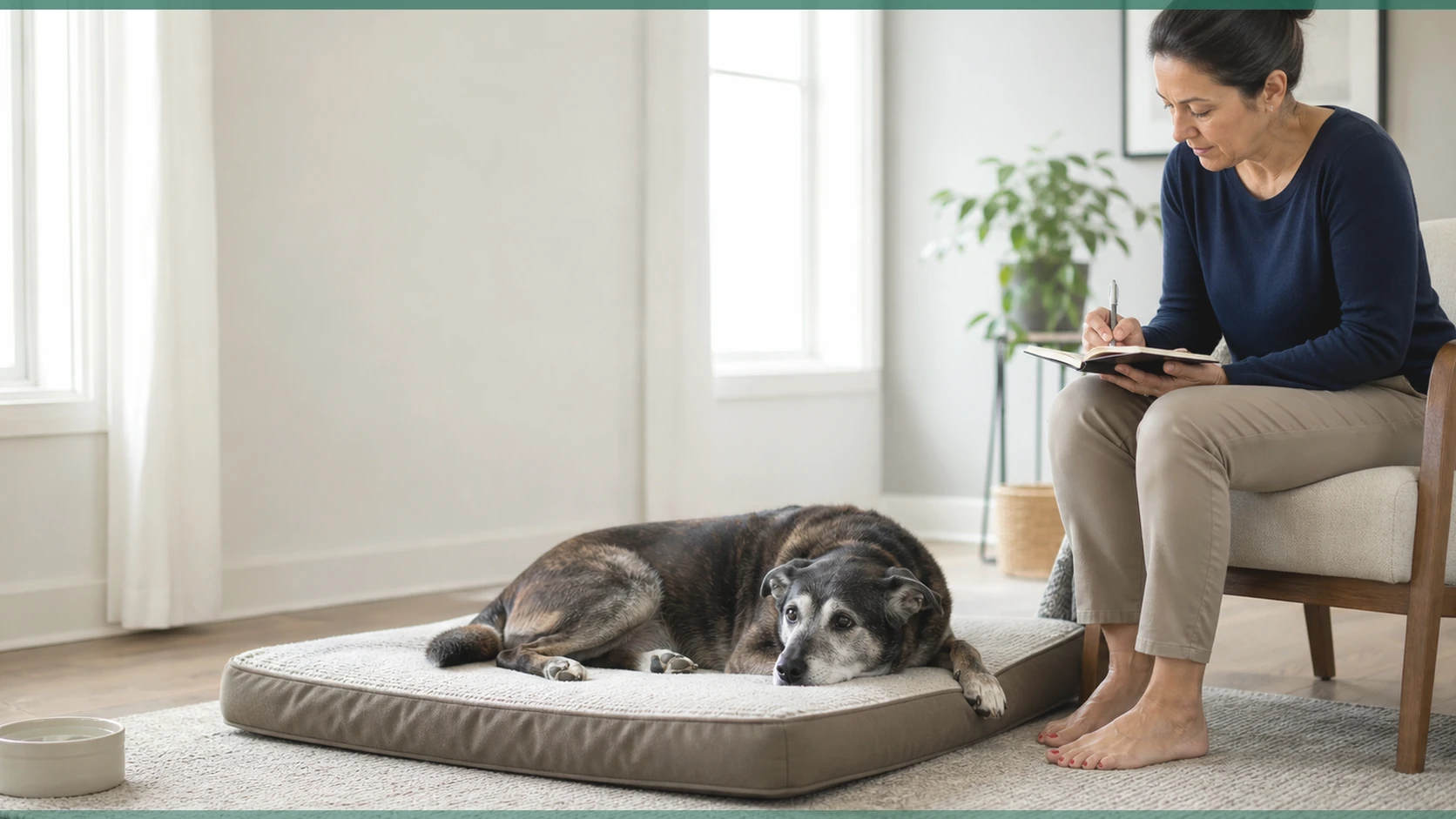 Healthy Paws Essentials scene illustrating how to notice subtle cognitive and interaction changes in senior dogs at home