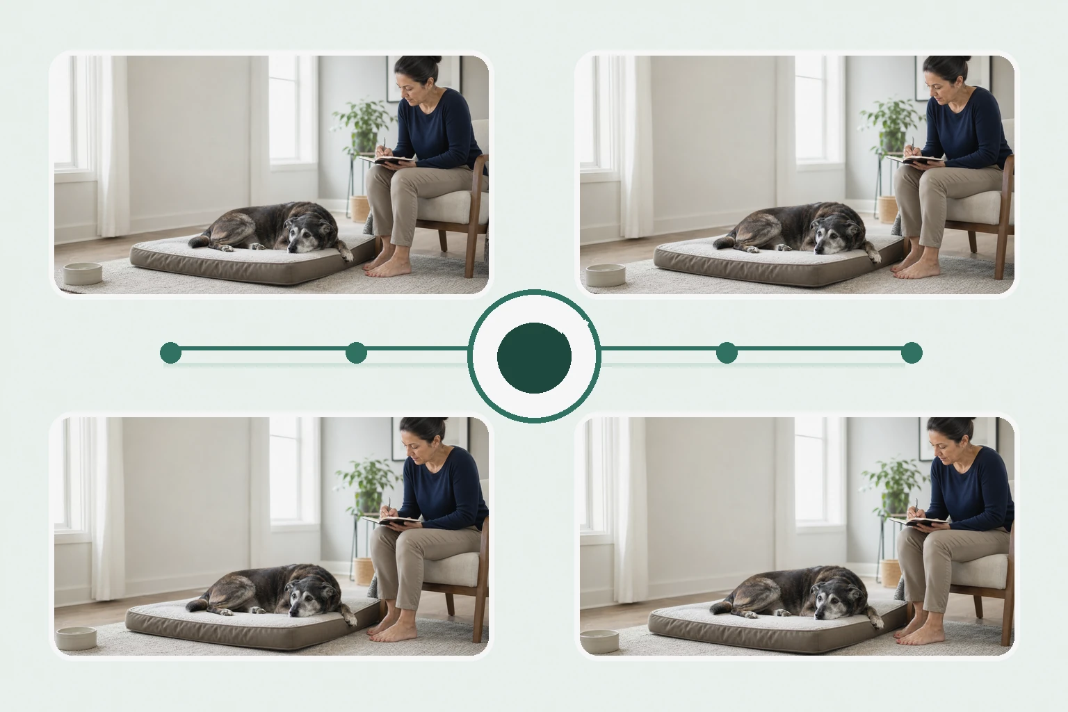 Illustrated owner guide for how to notice subtle cognitive and interaction changes in senior dogs at home