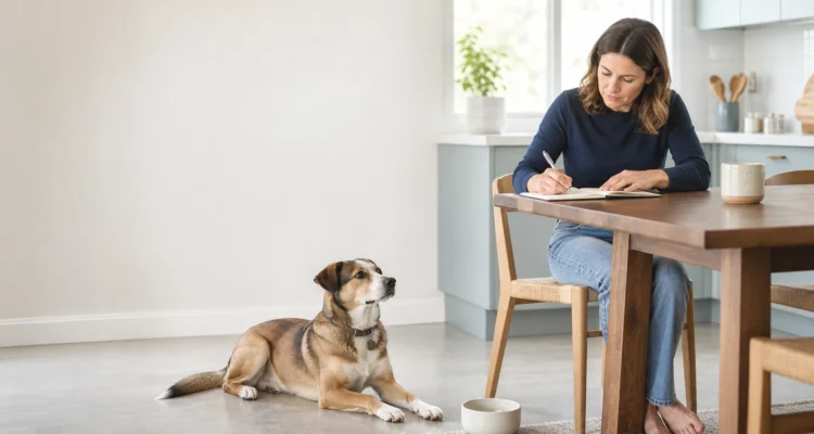 Healthy Paws Essentials scene illustrating observing subtle changes in resting breathing and everyday activity in dogs at home