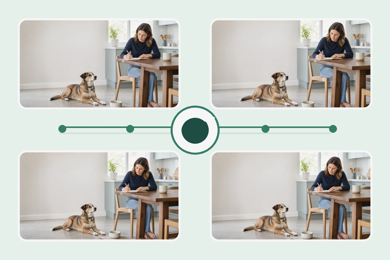 Illustrated owner guide for observing subtle changes in resting breathing and everyday activity in dogs at home