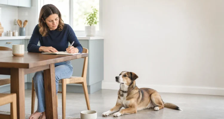 Healthy Paws Essentials scene illustrating turning at-home wellness observations into concise, vet-ready notes for dogs
