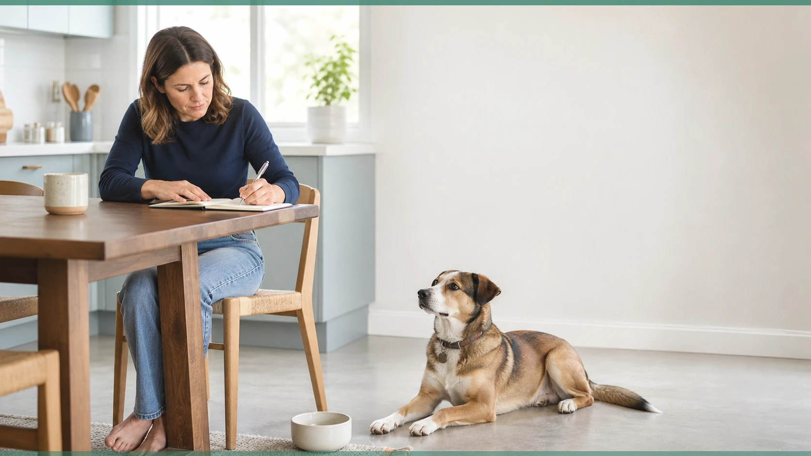 Healthy Paws Essentials scene illustrating turning at-home wellness observations into concise, vet-ready notes for dogs
