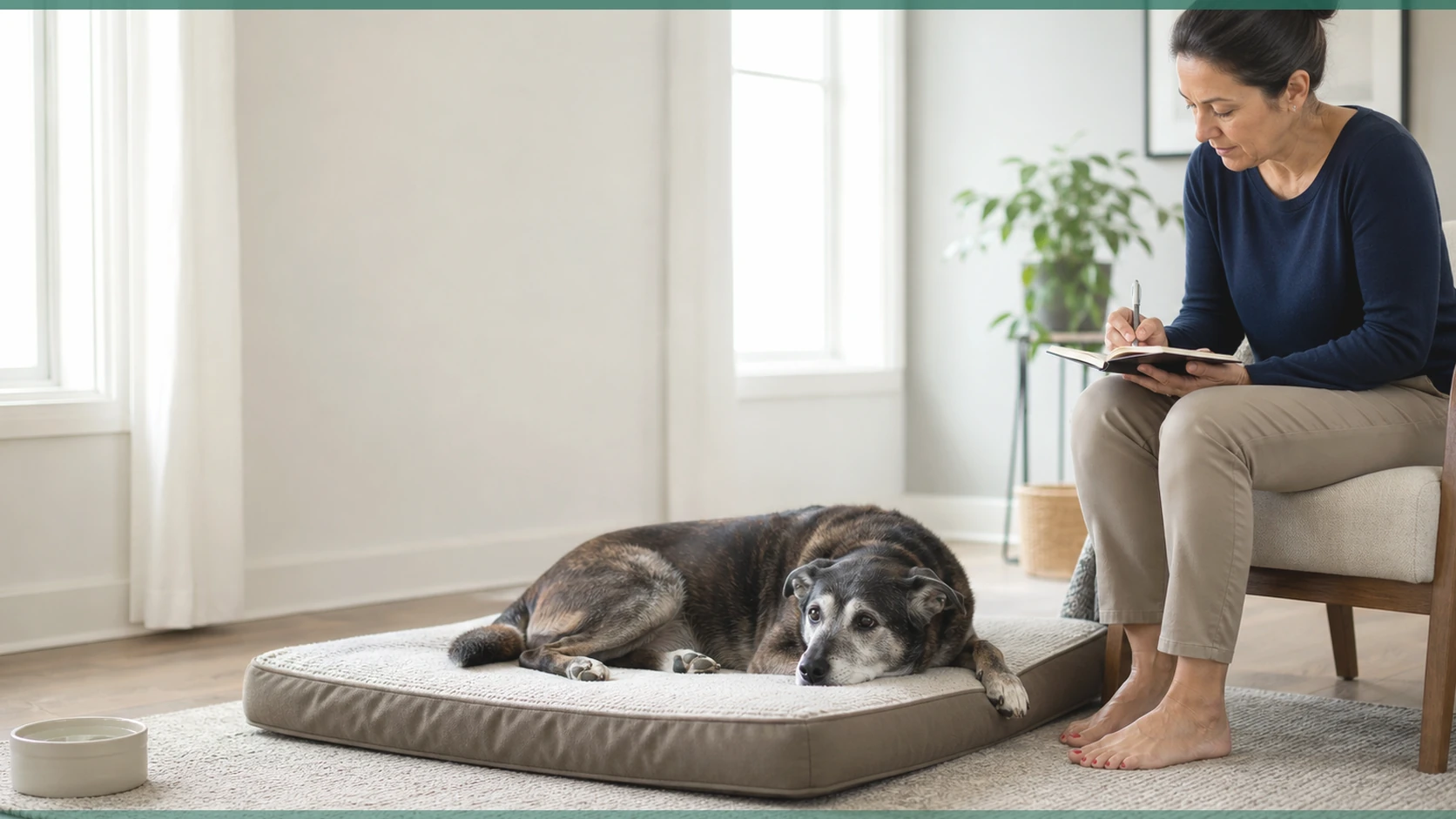 Healthy Paws Essentials scene illustrating noticing subtle interaction and engagement changes in senior-like dogs at home