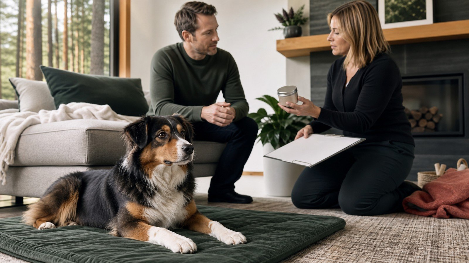 Dog owner and behavior professional reviewing an unbranded calming aid beside a relaxed dog
