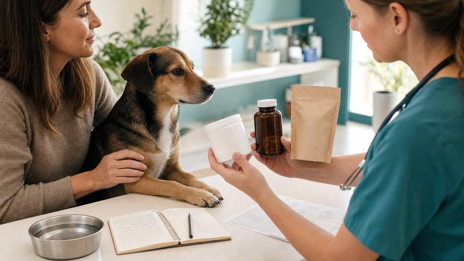 Dog owner and veterinarian compare unbranded probiotic formats beside a calm dog and tracking notebook.