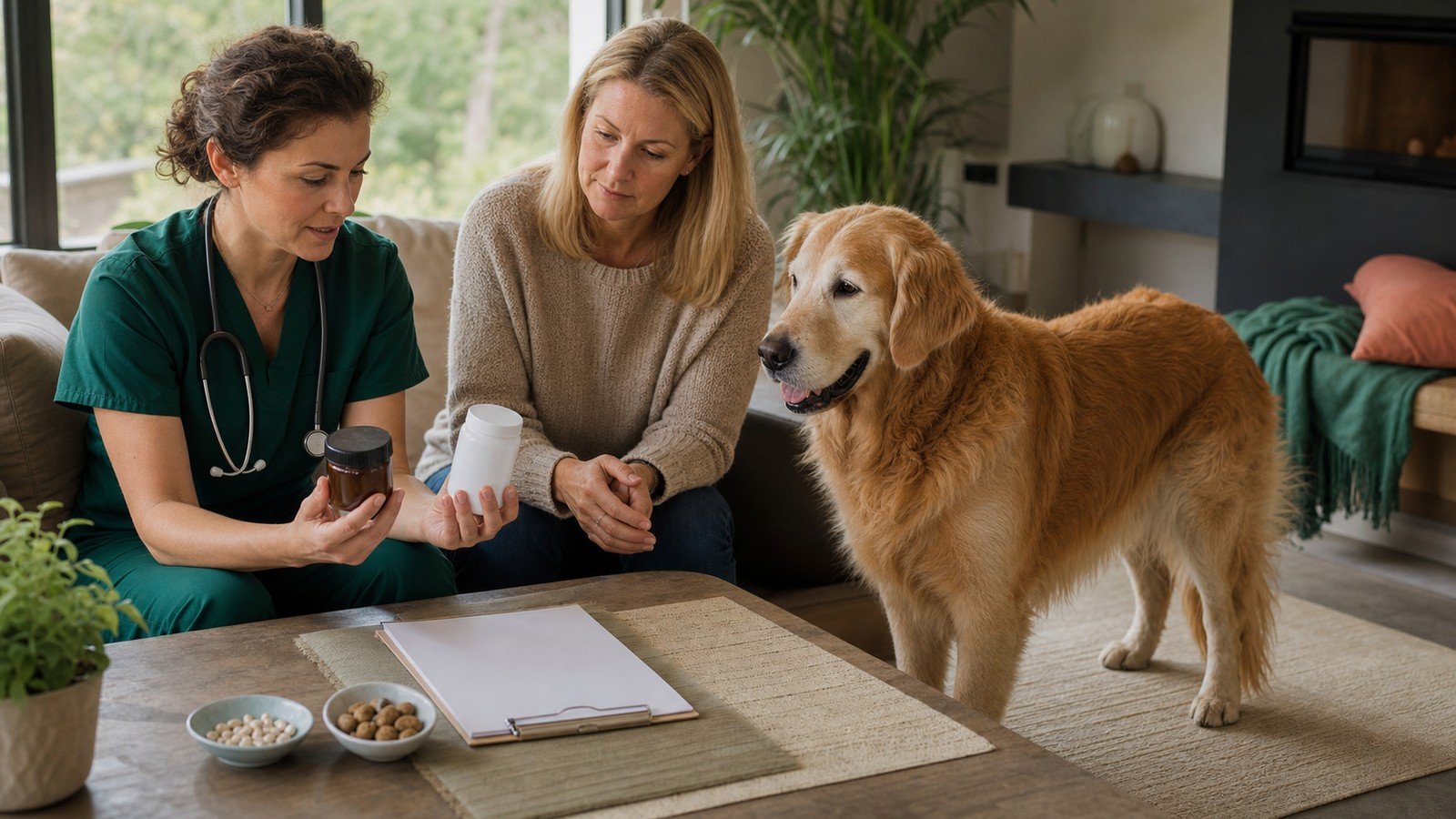 Veterinary professional and dog owner comparing unbranded joint supplement formats beside a senior dog