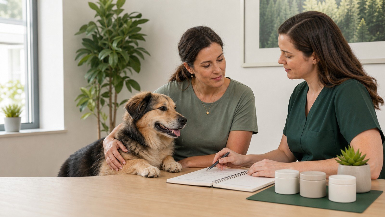 Dog owner and veterinary professional comparing dog wellness options with a dog resting beside them
