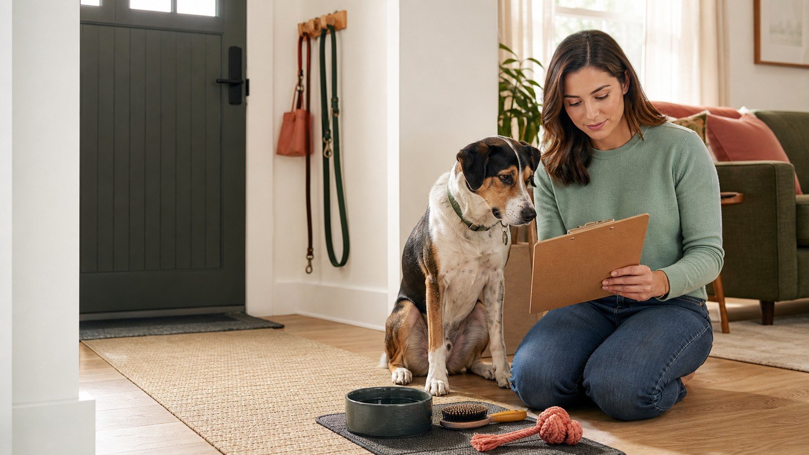 Dog owner reviewing a home care checklist beside a dog in a safe entry area
