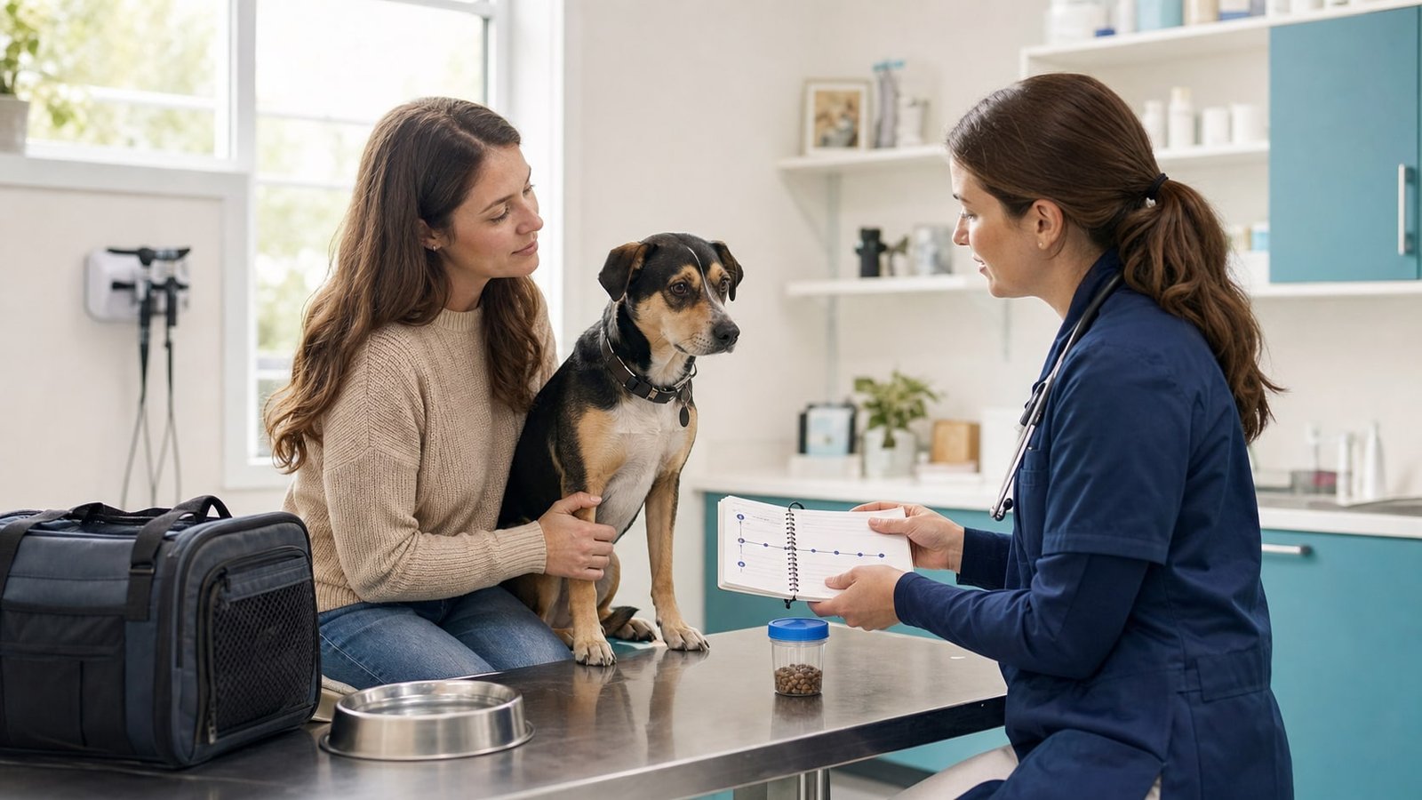 Dog owner and veterinarian review a digestive symptom timeline beside an alert dog.
