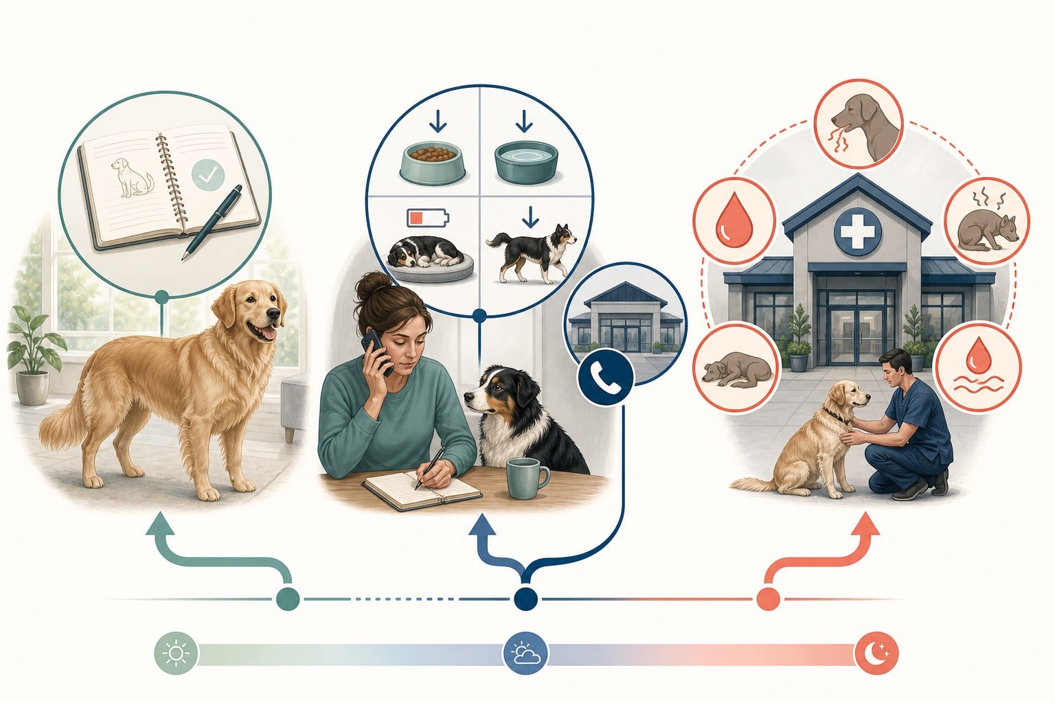 Editorial triage illustration showing observation, veterinary contact, and urgent-care pathways for dog digestive signs.