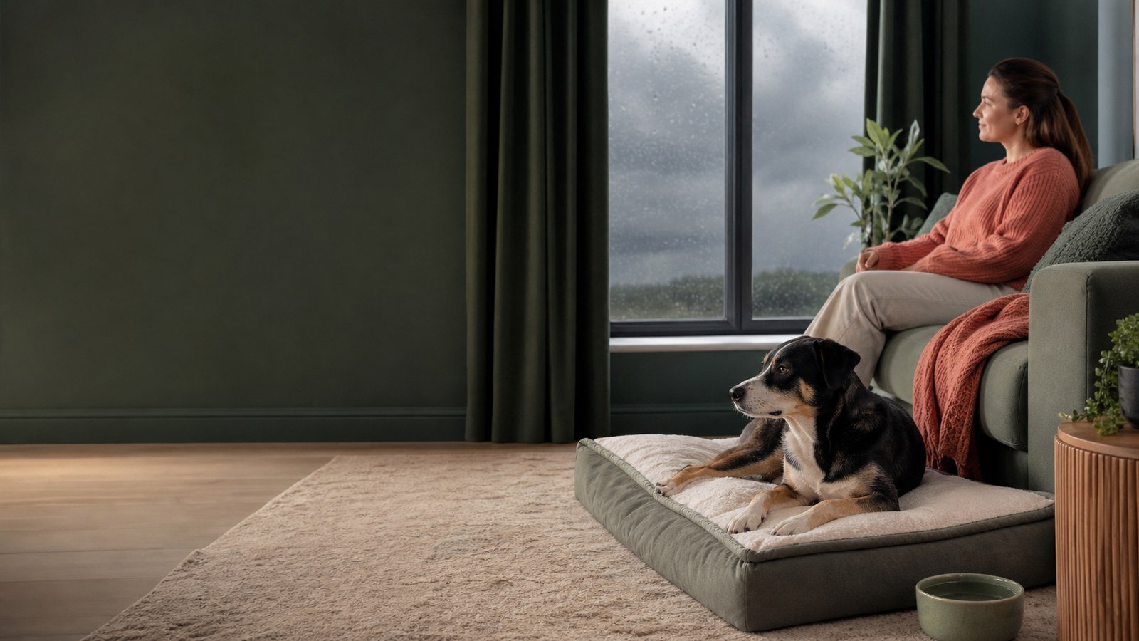 Dog resting in a quiet safe area while its owner remains calmly nearby during rainy weather