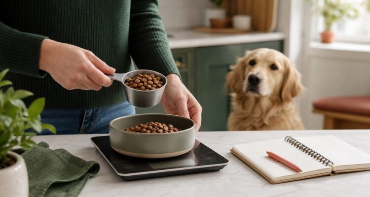Owner measuring dog food with a kitchen scale and scoop while a dog watches