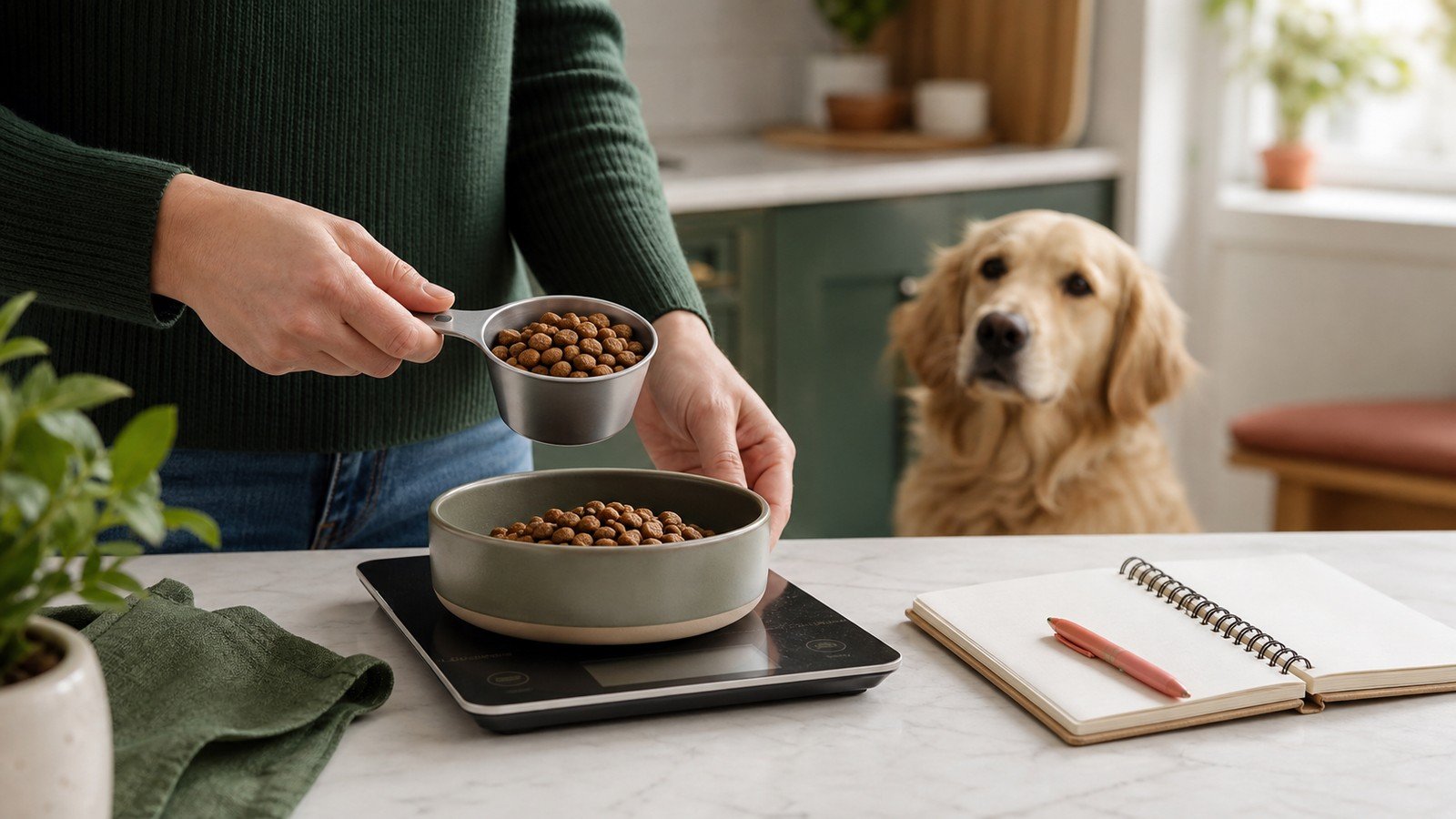 Owner measuring dog food with a kitchen scale and scoop while a dog watches