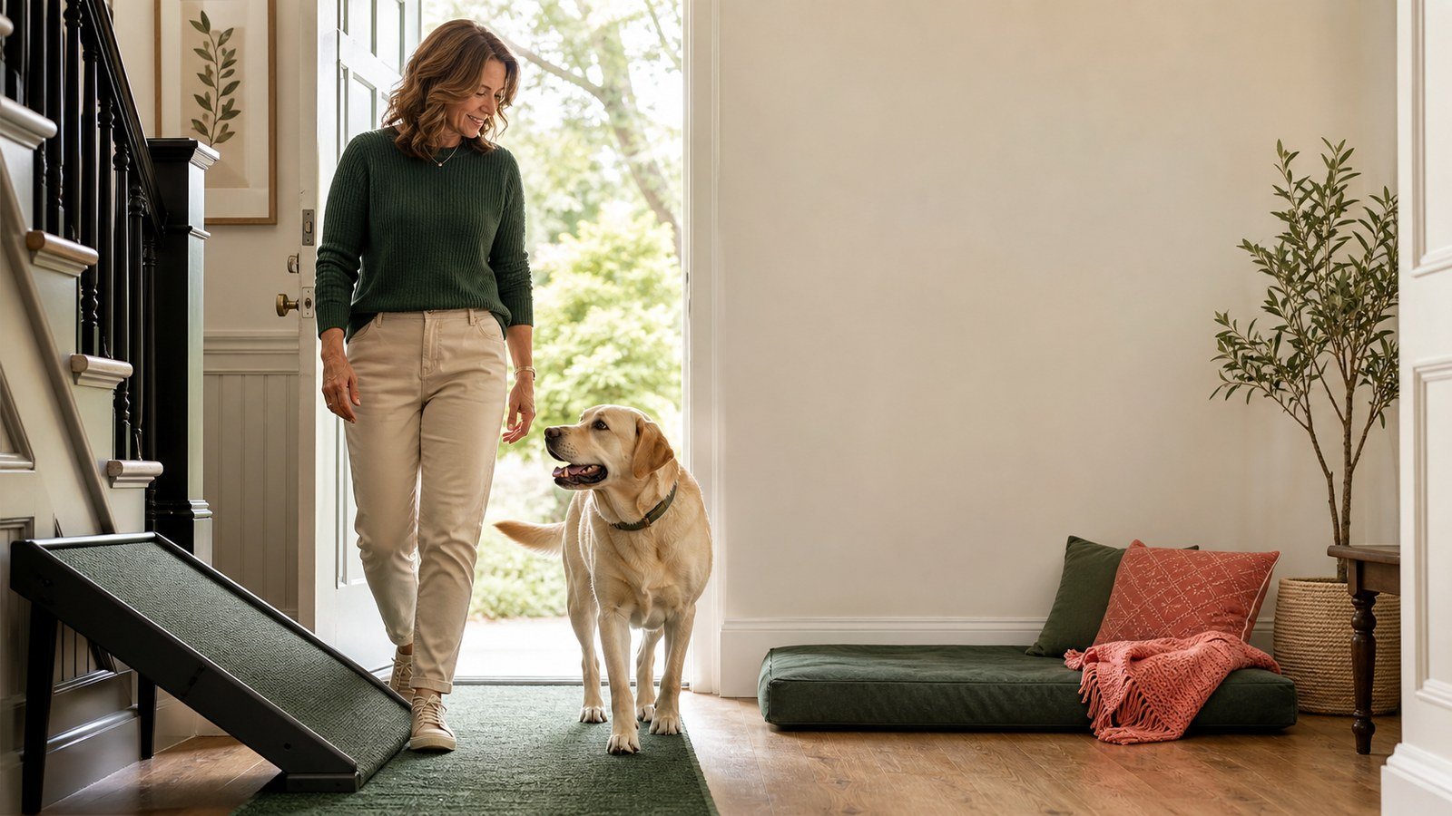 Mature dog walking with its owner on a non-slip runner near a low ramp and resting area