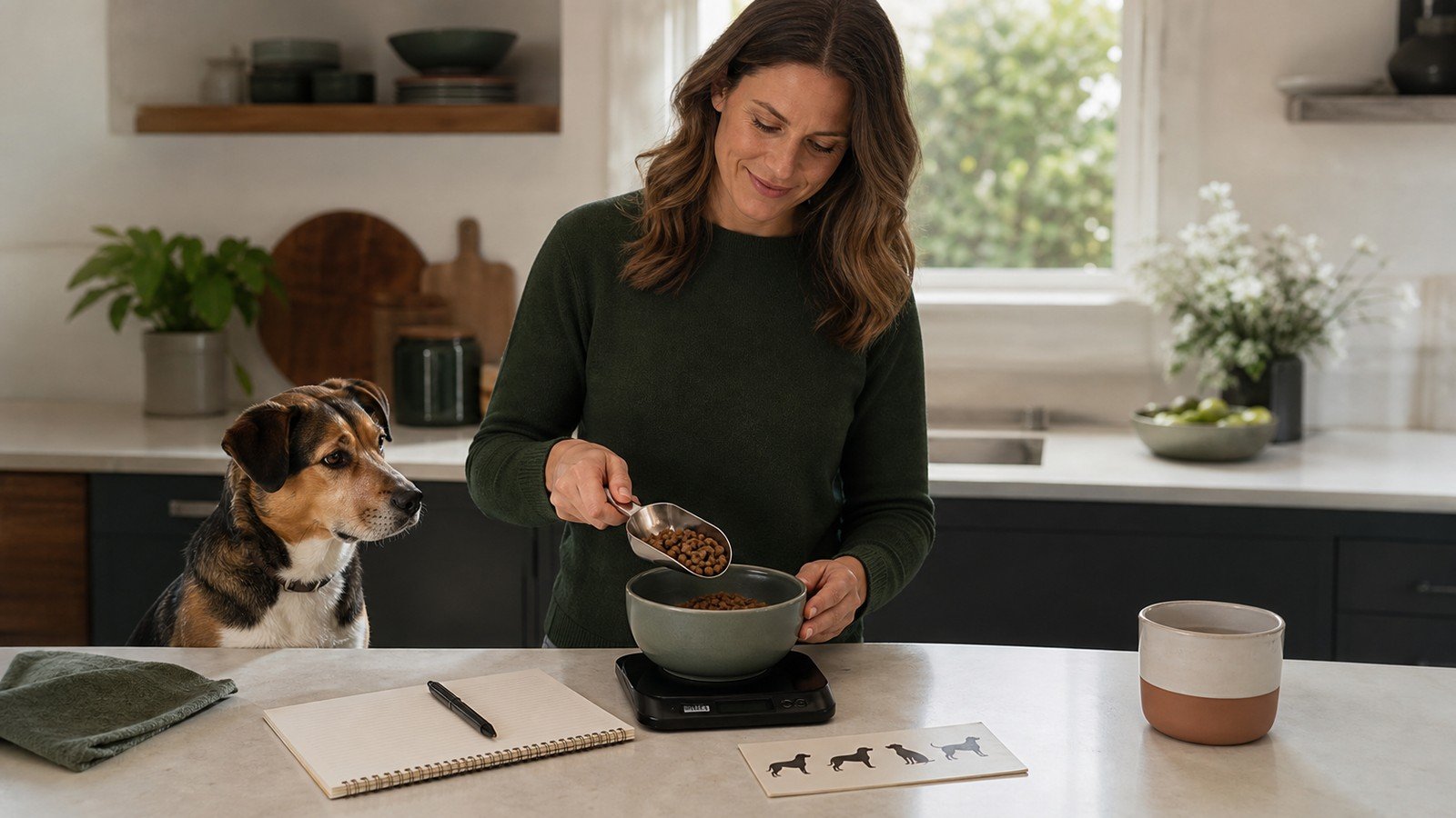 Dog owner measuring an unbranded dog food portion while a dog waits nearby