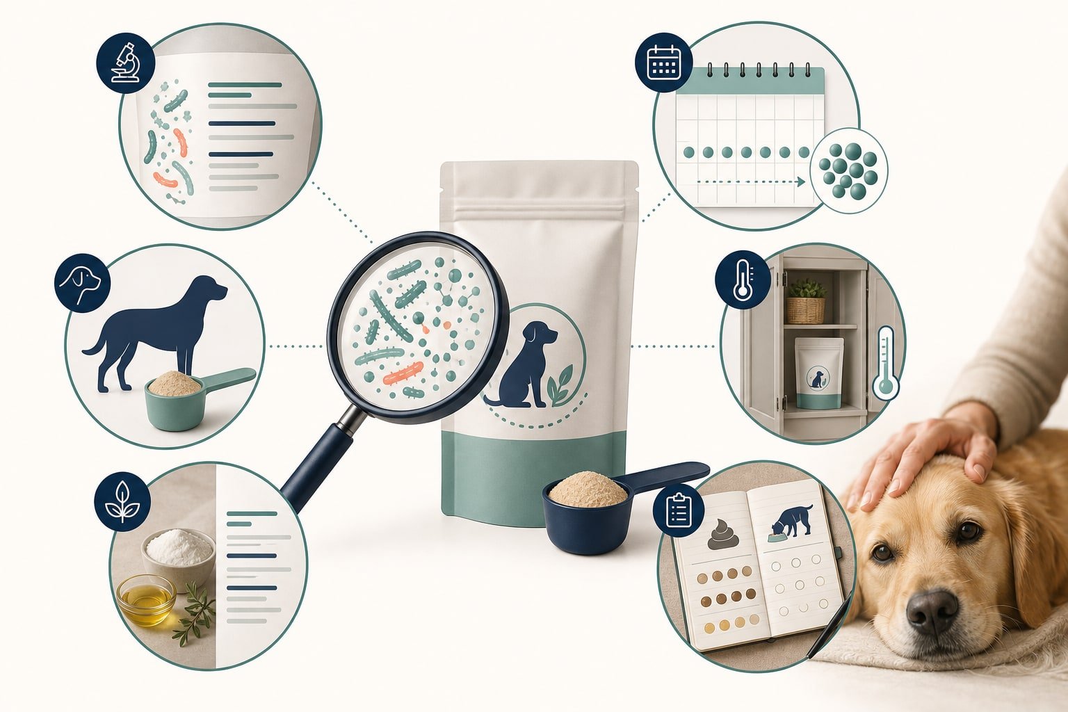 Editorial illustration of six checkpoints for comparing dog probiotic labels, storage, directions, ingredients, and monitoring.