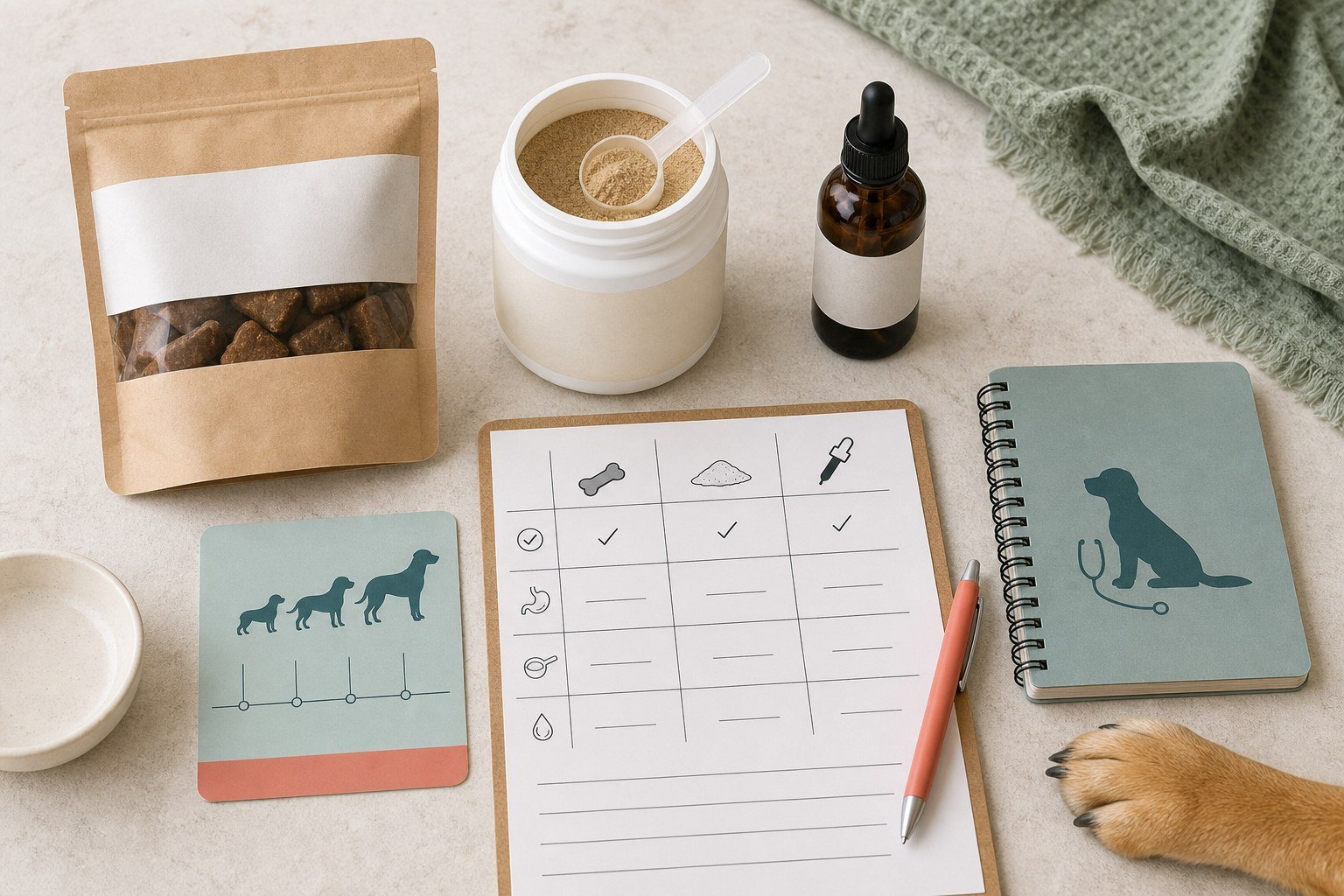 Unbranded dog supplement formats arranged beside a comparison worksheet and veterinary notebook