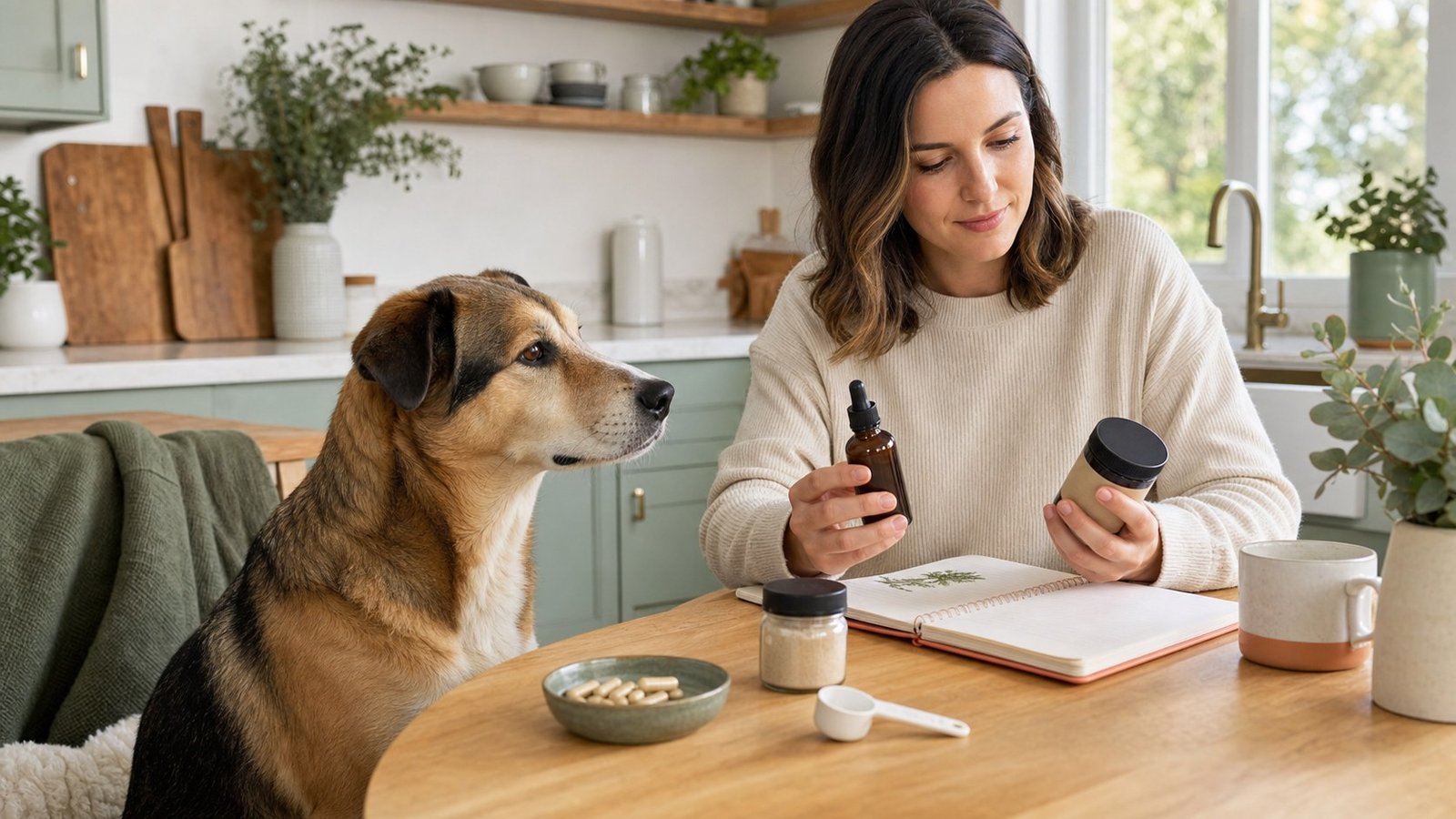 Dog owner comparing unbranded supplement formats beside an attentive dog