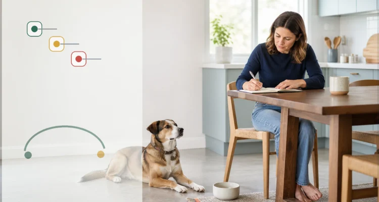Dog resting near a bowl while an owner writes a digestive health observation log in a calm kitchen.