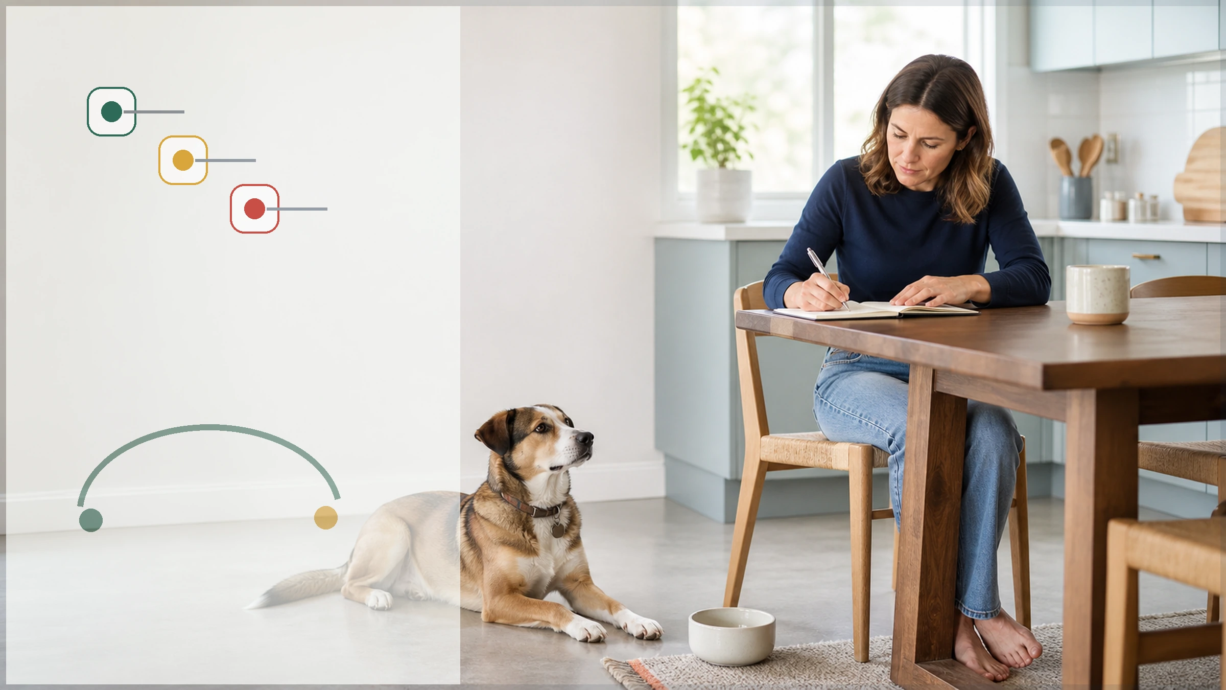 Dog resting near a bowl while an owner writes a digestive health observation log in a calm kitchen.
