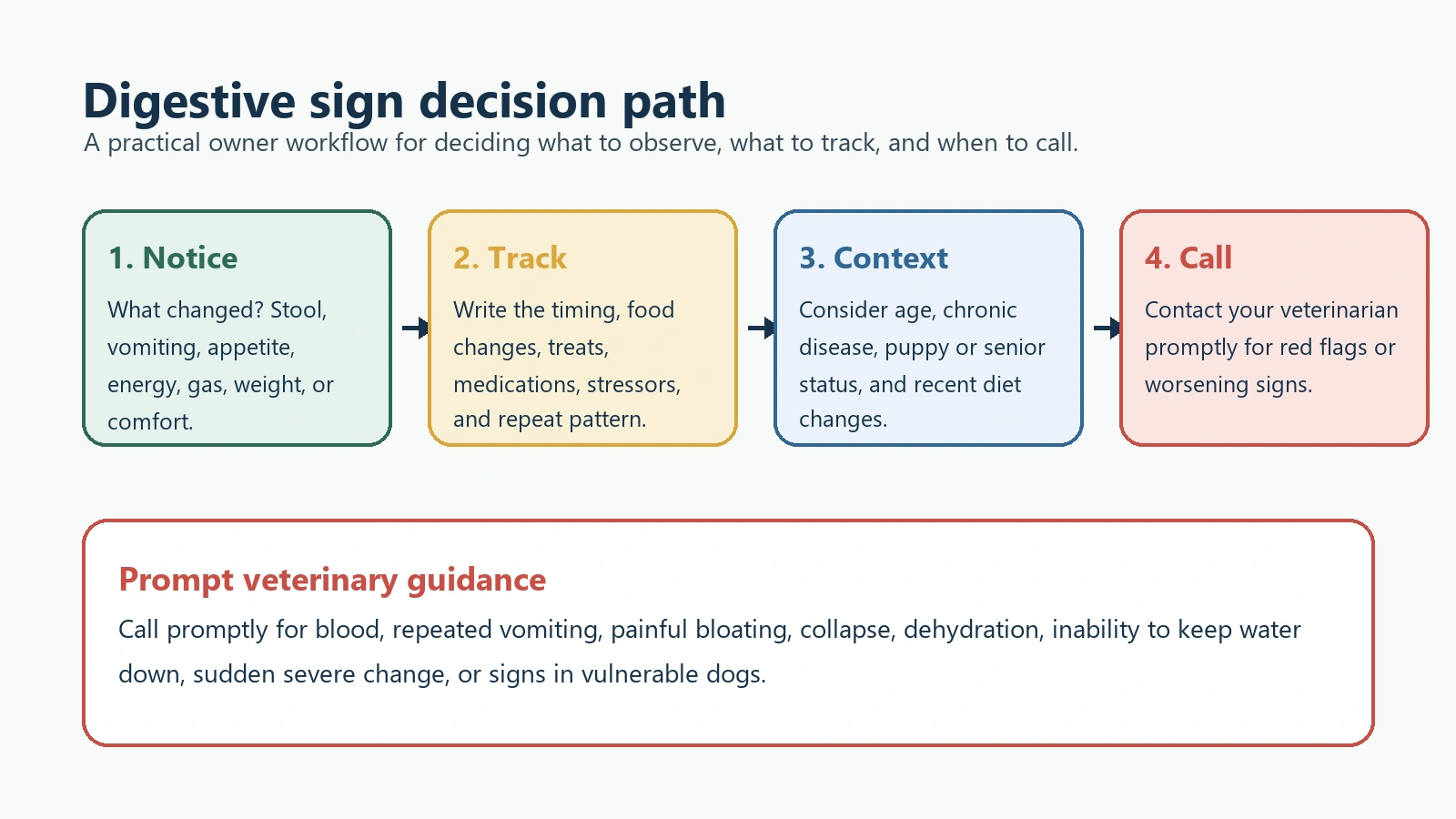 Digestive sign decision path showing notice, track, context, and call a veterinarian for red flags.