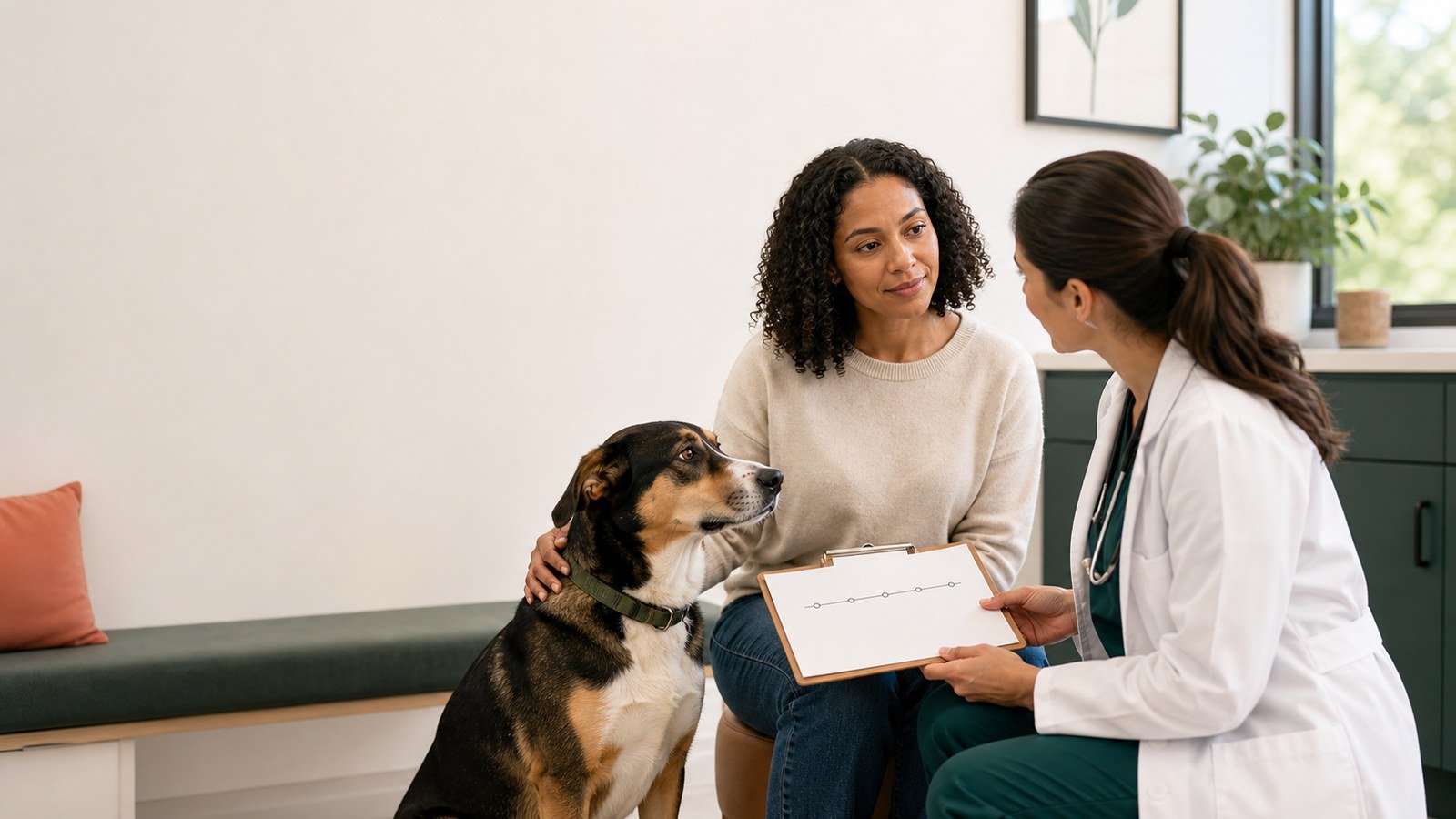 Dog owner and veterinarian reviewing a symptom timeline with an alert dog