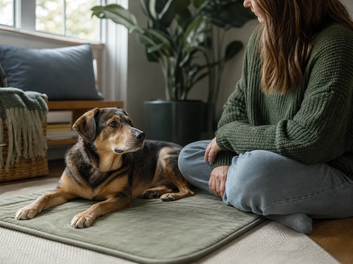 Dog resting calmly beside its owner in a quiet home space