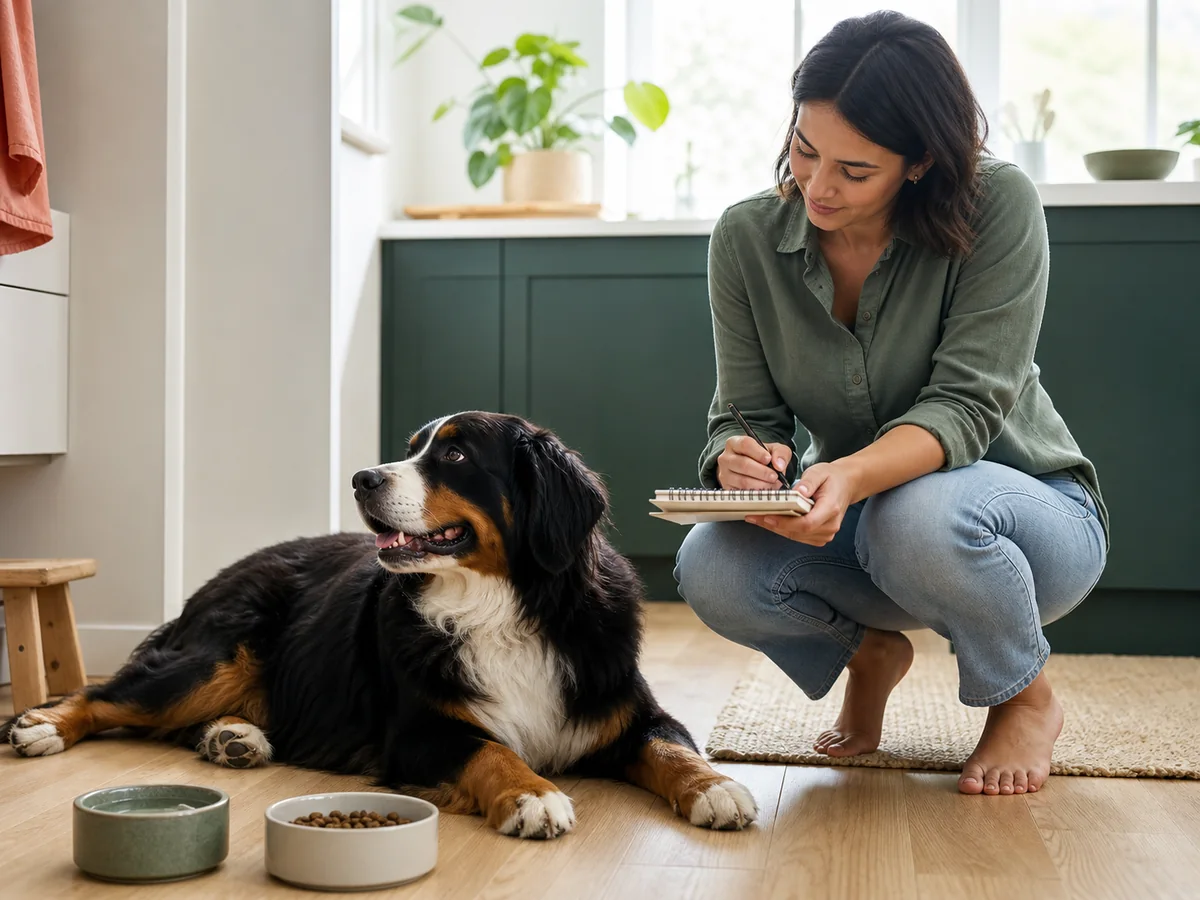 Dog owner recording digestive observations beside food and water bowls