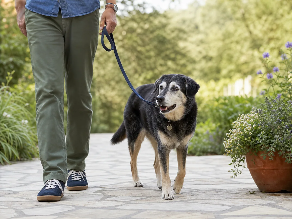 Senior dog walking comfortably with its owner on a level path