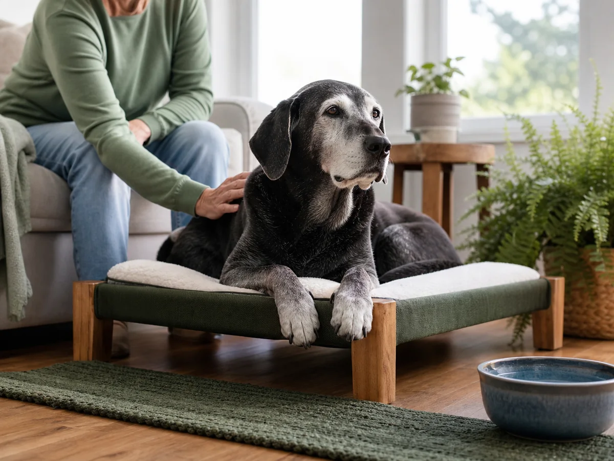 Senior dog resting on an accessible bed with its owner nearby
