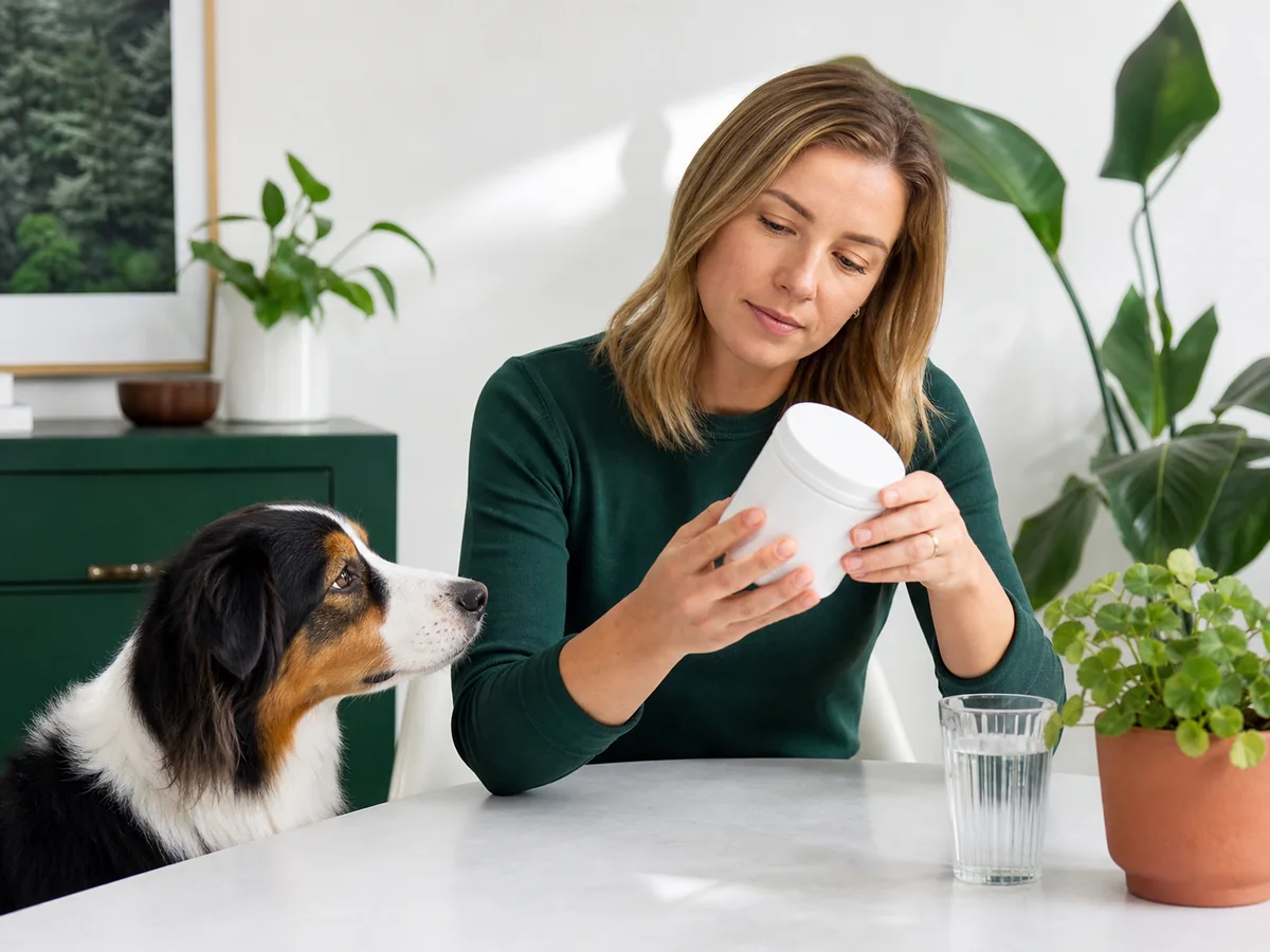 Dog owner carefully examining a generic supplement container