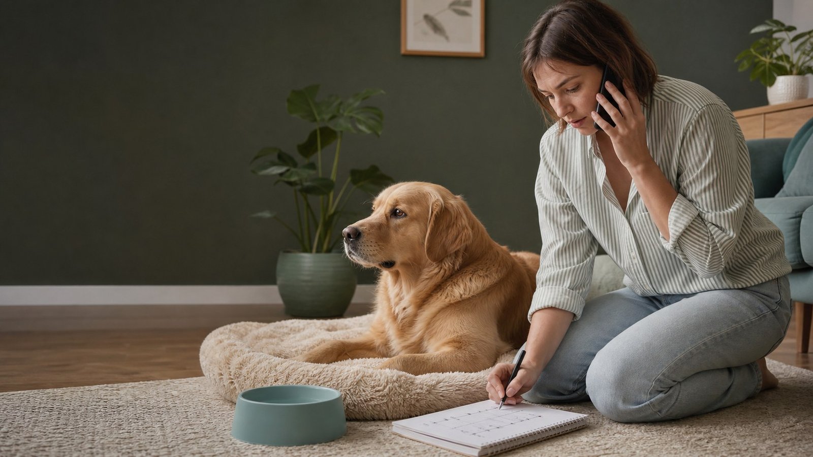 Dog owner preparing notes before contacting a veterinarian