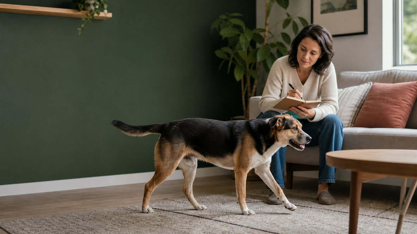 Dog owner observing a dog's movement at home