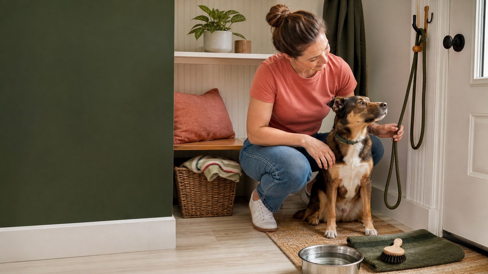Dog and owner following a calm everyday care routine