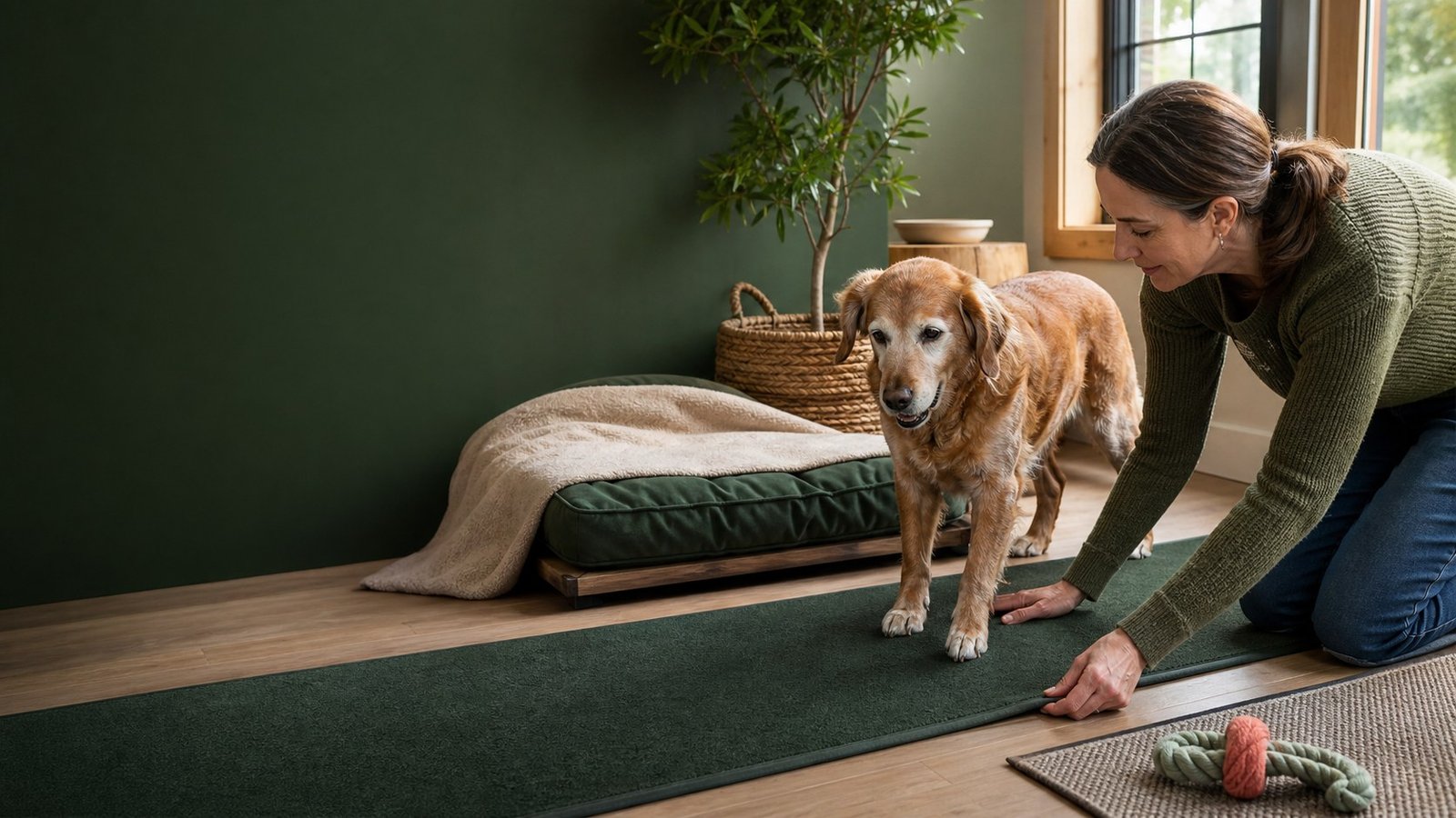 Senior dog walking safely on a non-slip runner at home