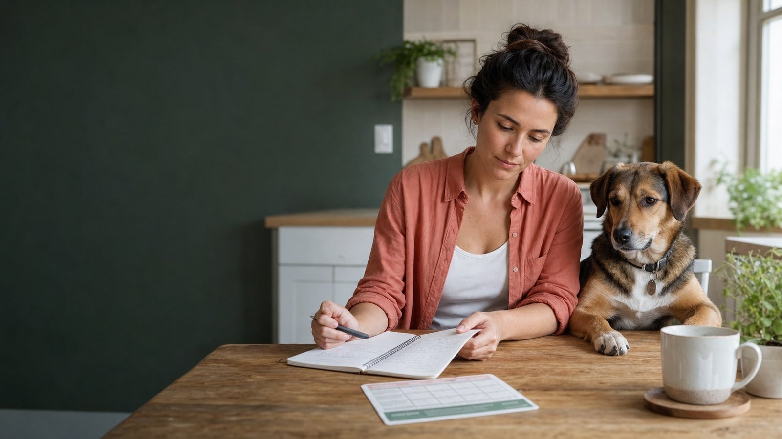 Dog owner organizing observation notes at a kitchen table while a relaxed dog sits beside her