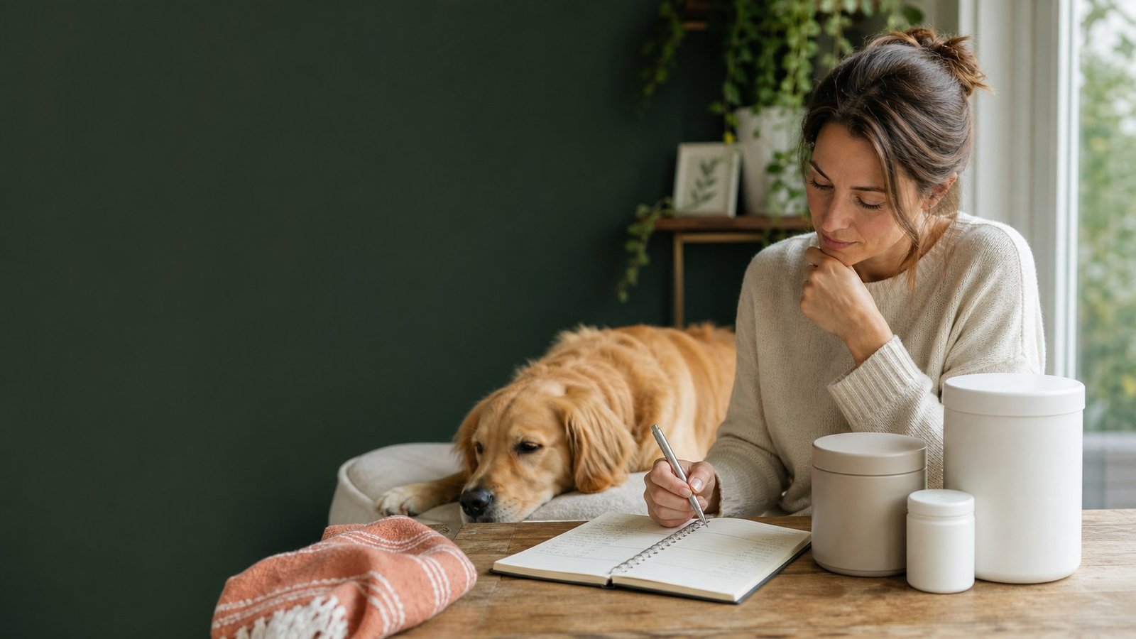 Unbranded dog supplement containers beside an owner checklist
