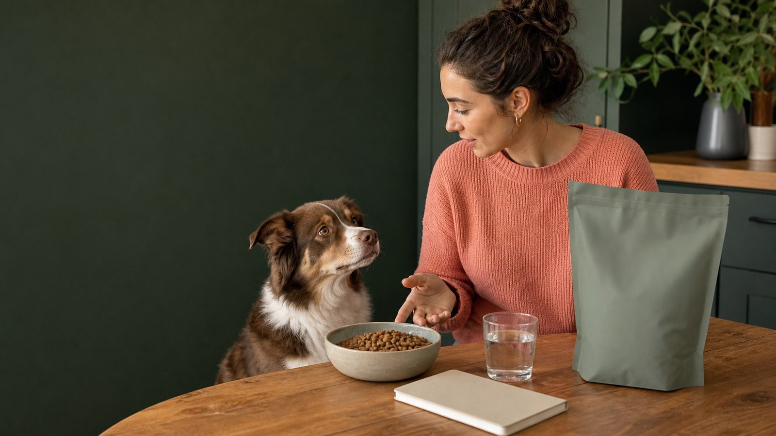 Dog nutrition planning with an unbranded pouch, bowl, and notebook