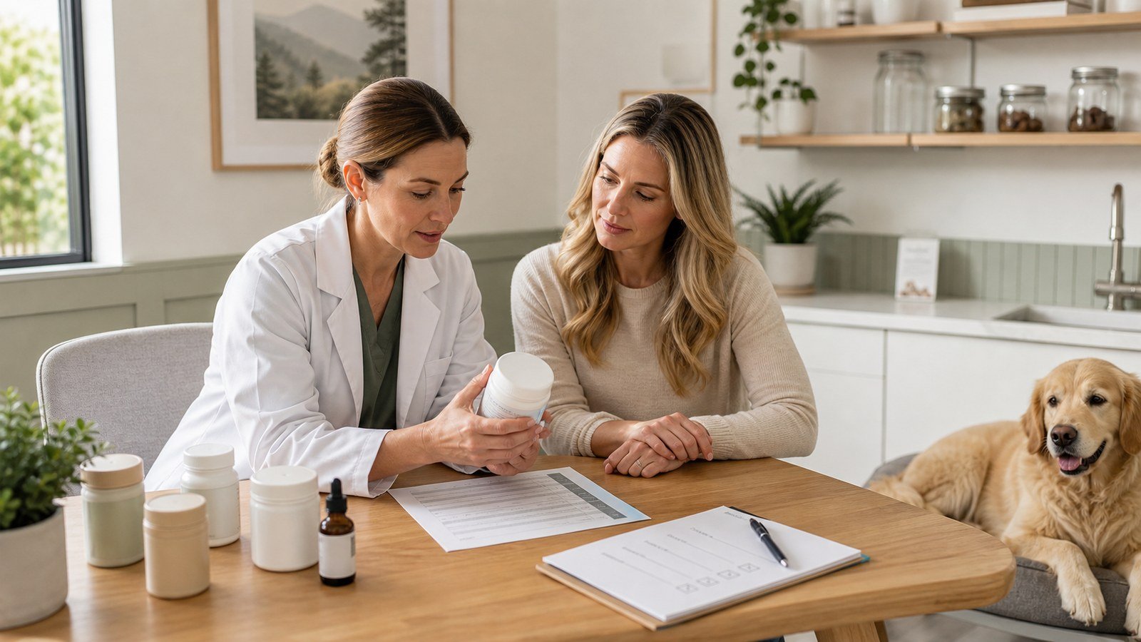 Veterinarian and dog owner reviewing an unbranded wellness product label together
