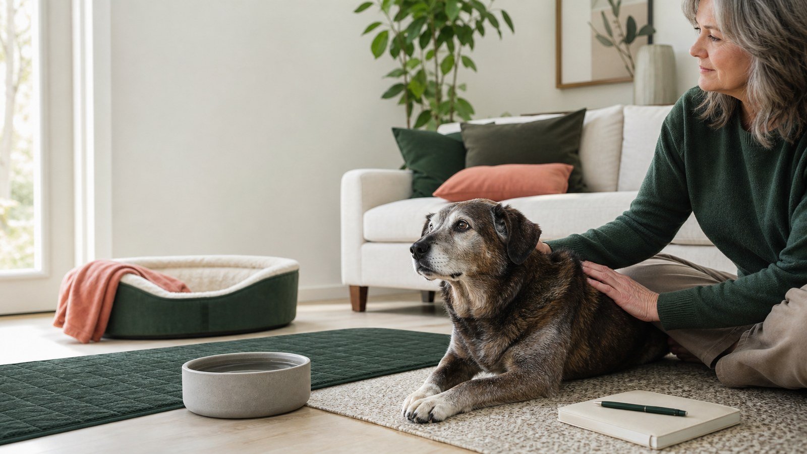 Older dog resting with its owner near an accessible bed, water bowl, runner, and wellness notebook